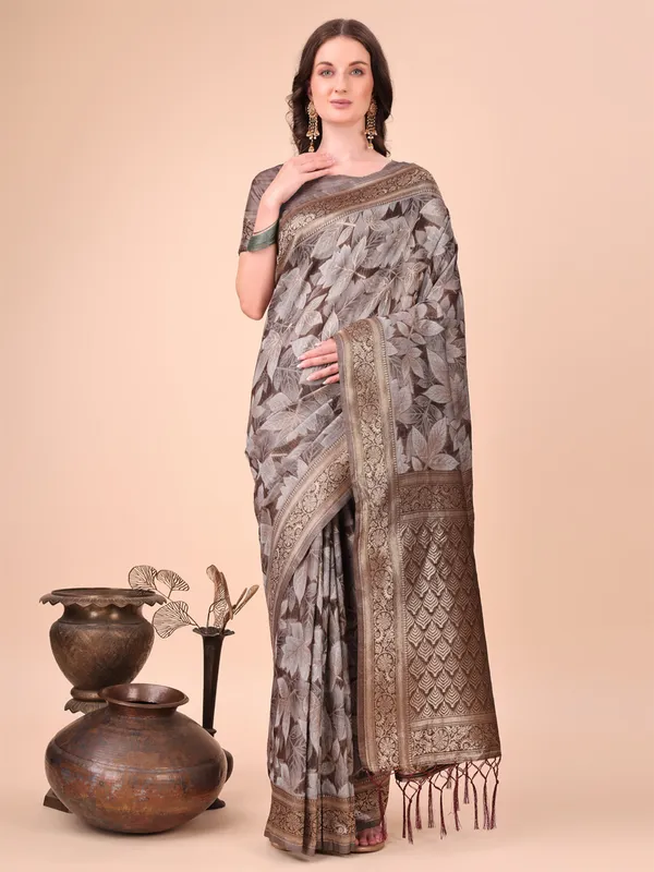 Brown cotton silk saree with zari weaving for traditional look