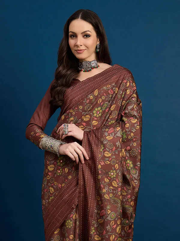 Brown cozi silk printed saree with seauins work
