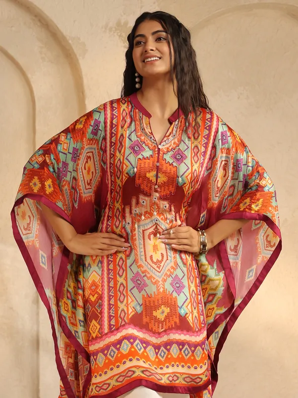 Brown crepe silk printed top ponchos for casual wear