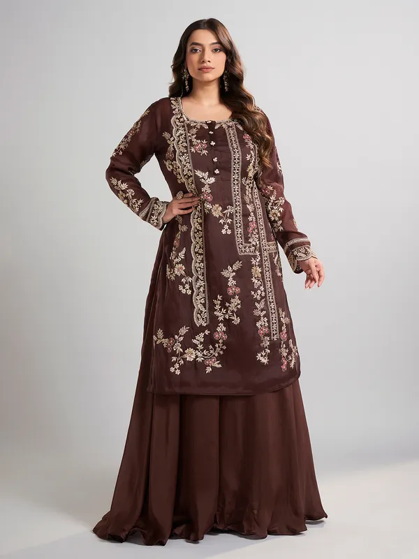 Brown designer pakistani tissue and satin silk palazzo suit