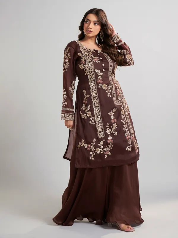 Brown designer pakistani tissue and satin silk palazzo suit