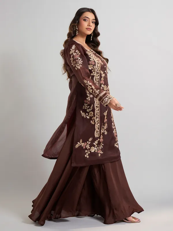 Brown designer pakistani tissue and satin silk palazzo suit