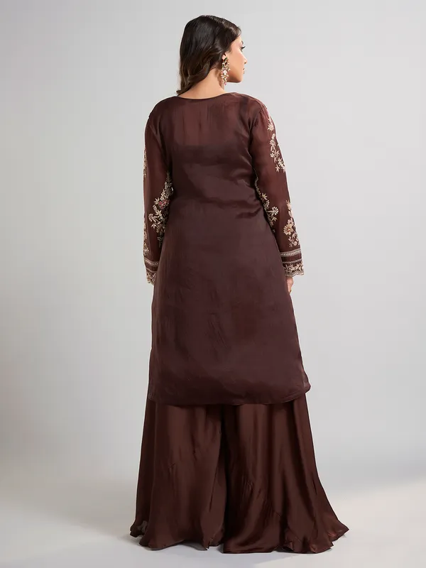 Brown designer pakistani tissue and satin silk palazzo suit