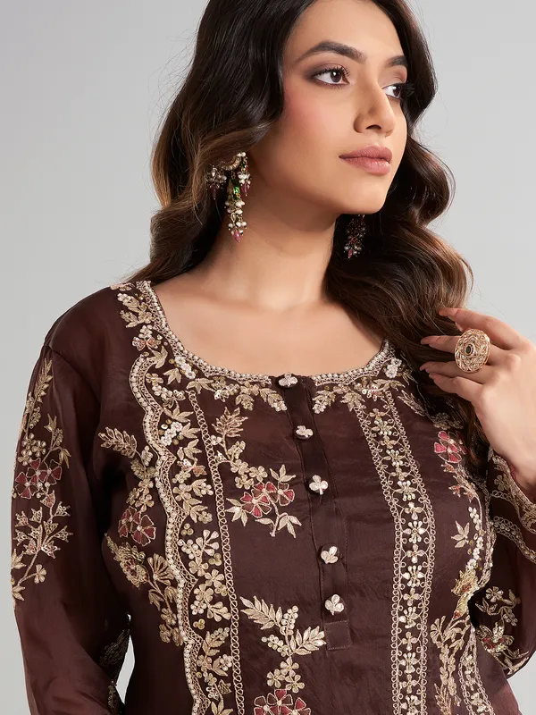 Brown designer pakistani tissue and satin silk palazzo suit