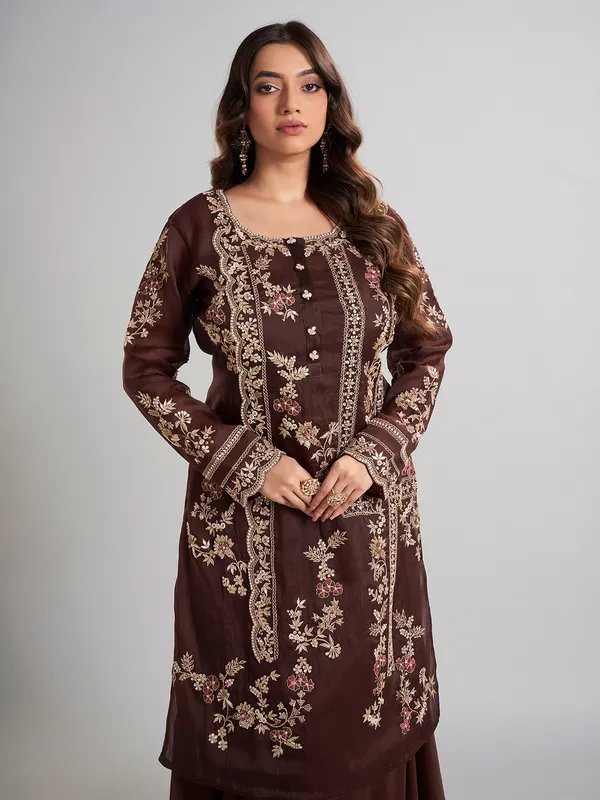 Brown designer pakistani tissue and satin silk palazzo suit