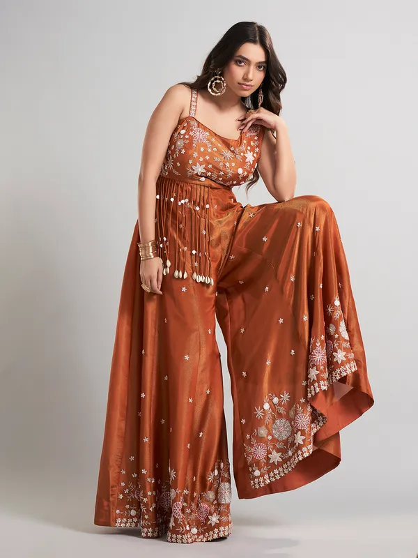 Brown designer silk jumpsuit with embellishments
