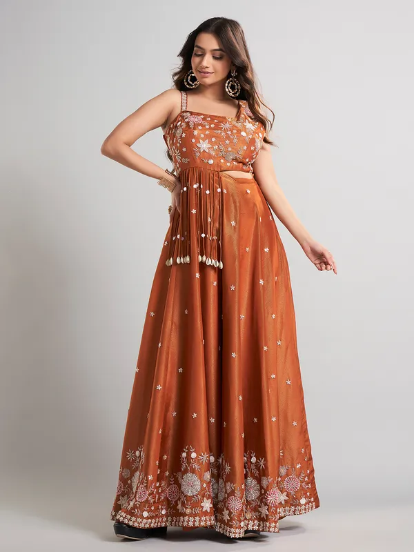 Brown designer silk jumpsuit with embellishments