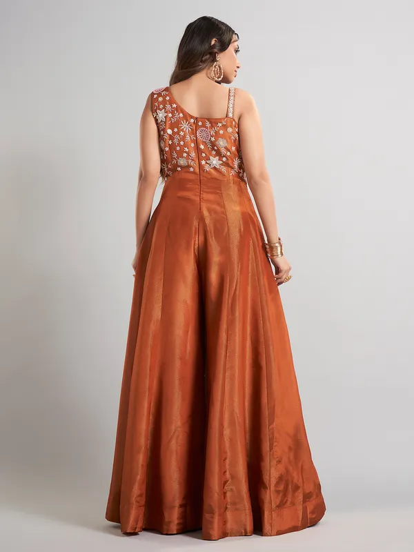 Brown designer silk jumpsuit with embellishments