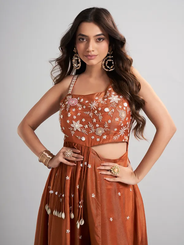 Brown designer silk jumpsuit with embellishments