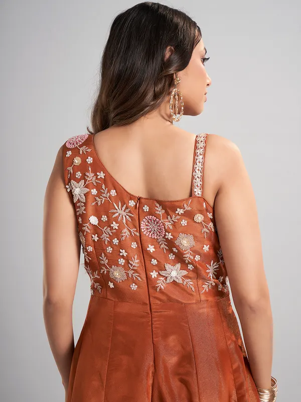 Brown designer silk jumpsuit with embellishments