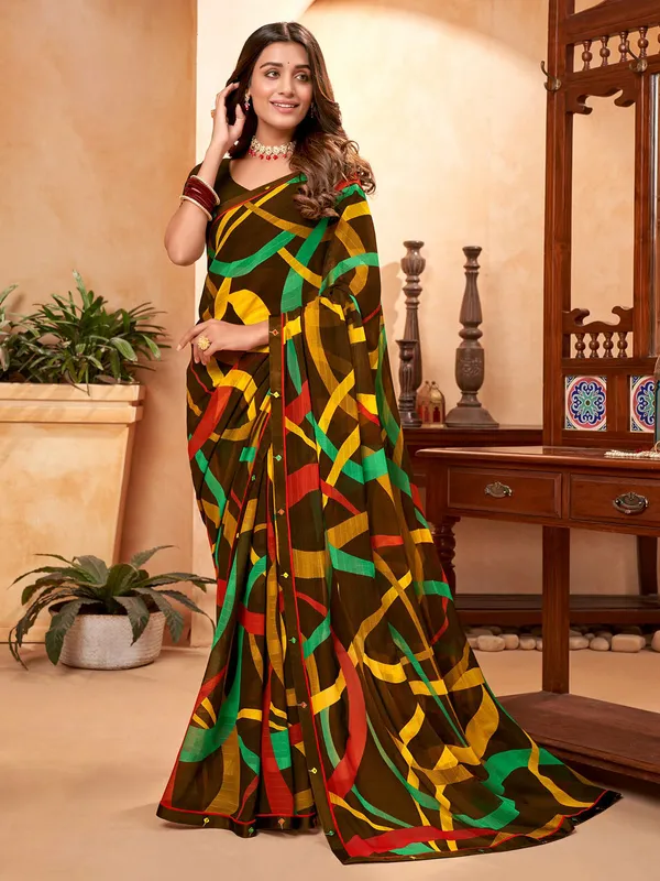 Brown digital printed georgette saree