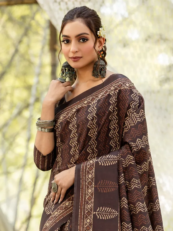 Brown festive wear printed cozi silk saree