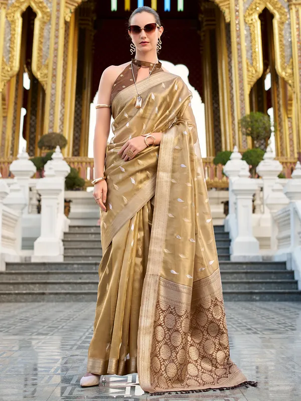 Brown festive wear tissue silk saree