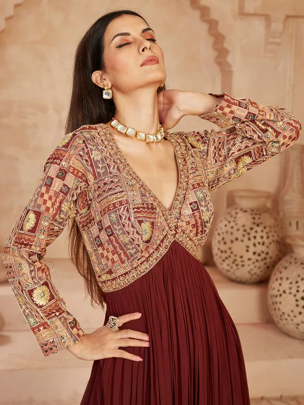 Brown georgette anarkali suit with mirror detailing
