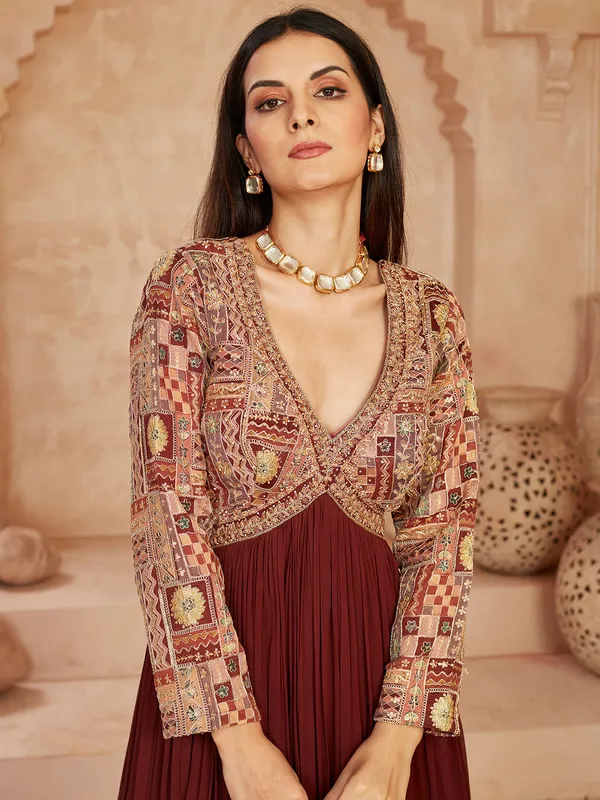 Brown georgette anarkali suit with mirror detailing