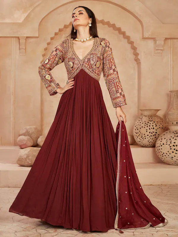 Brown georgette anarkali suit with mirror detailing