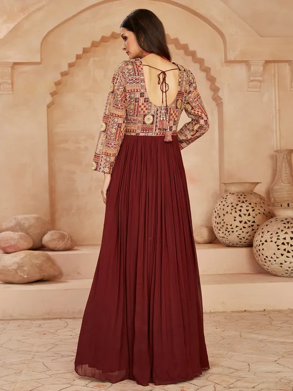 Brown georgette anarkali suit with mirror detailing