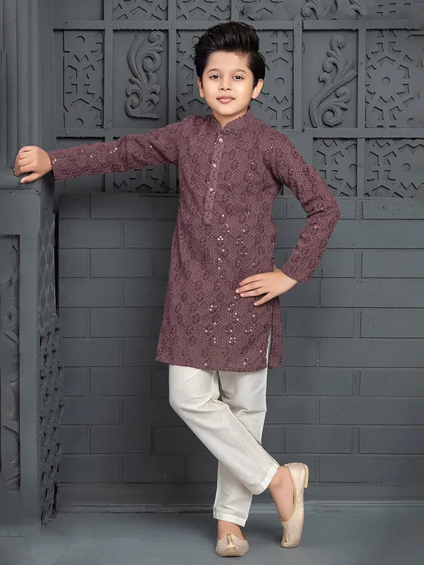 Brown georgette kurta suit with lucknowi