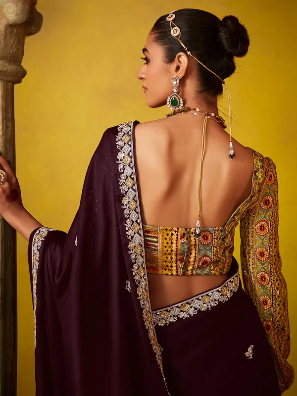 Brown georgette saree with resham work