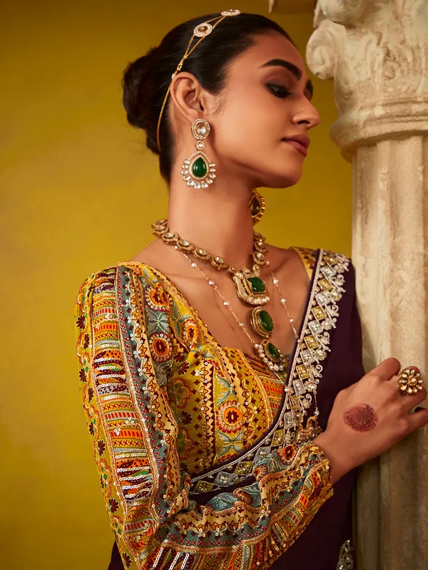 Brown georgette saree with resham work
