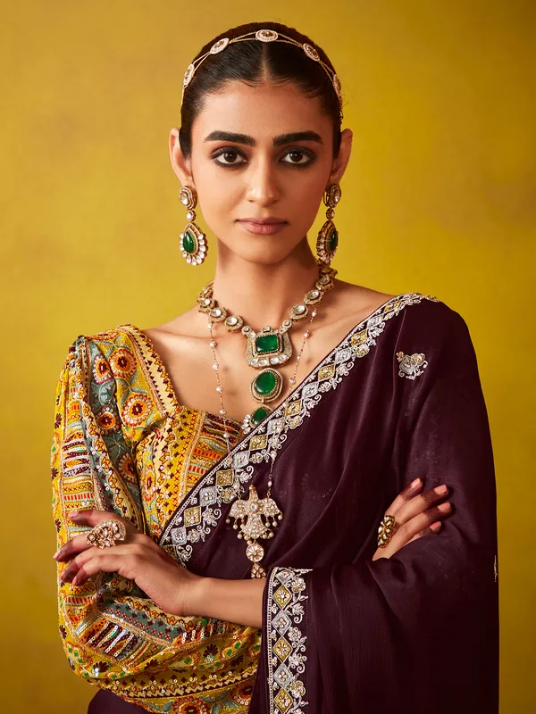 Brown georgette saree with resham work
