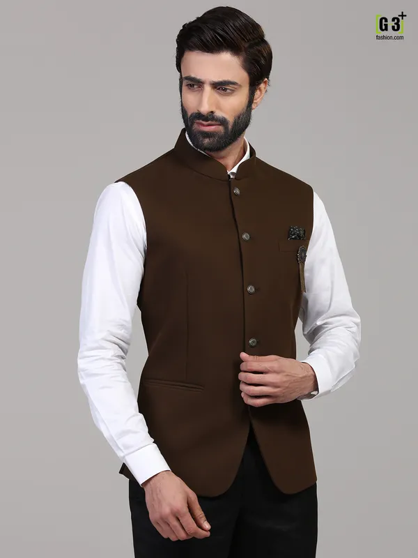 Brown knitted solid stand collar Nehru Jacket