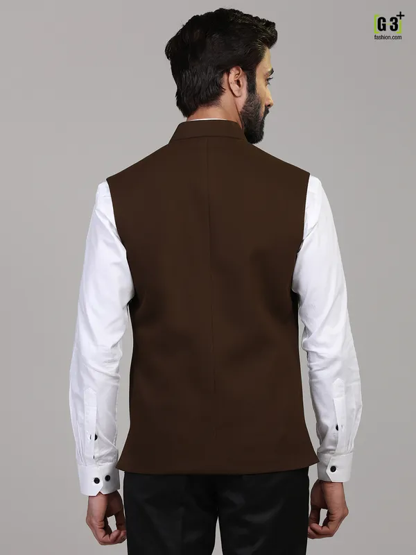 Brown knitted solid stand collar Nehru Jacket