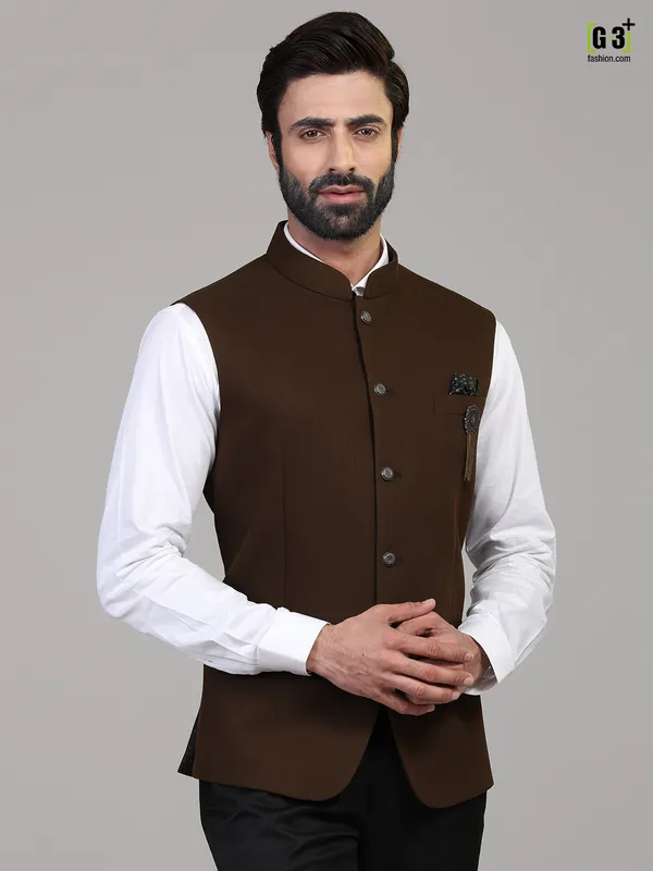 Brown knitted solid stand collar Nehru Jacket