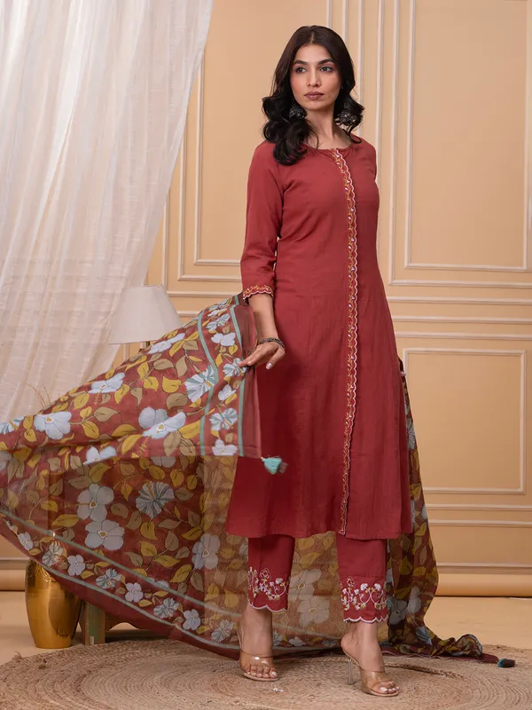Brown linen straight cut salwar suit with dupatta