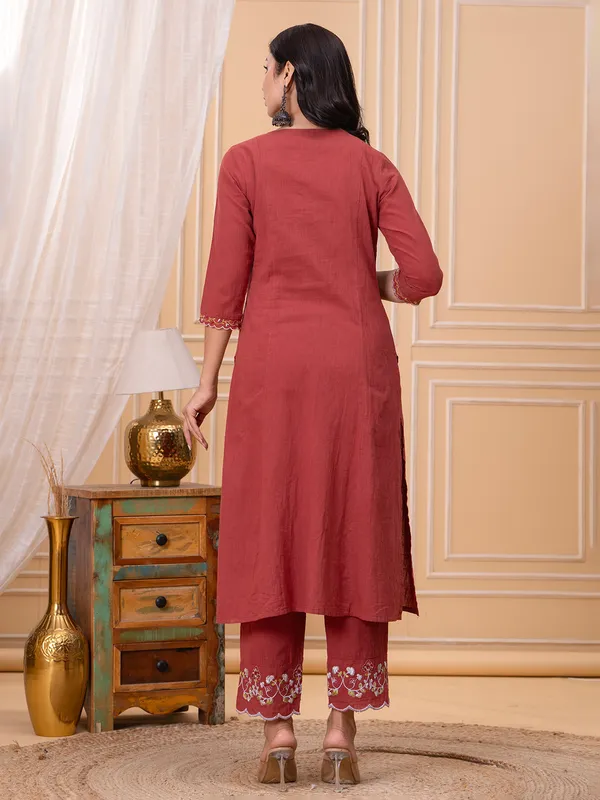 Brown linen straight cut salwar suit with dupatta