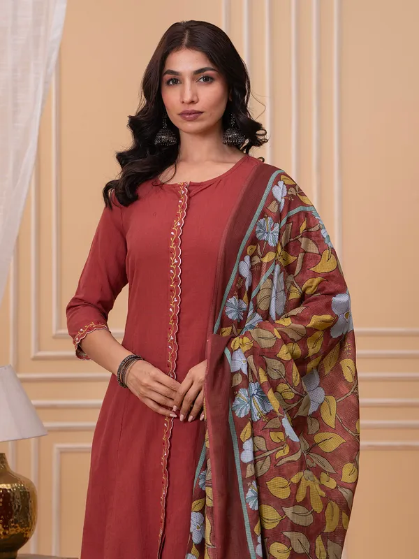 Brown linen straight cut salwar suit with dupatta