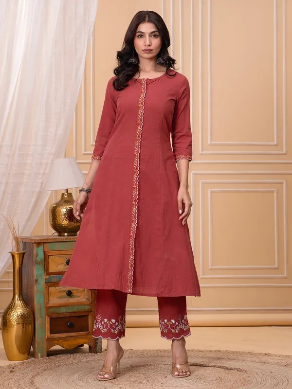 Brown linen straight cut salwar suit with dupatta