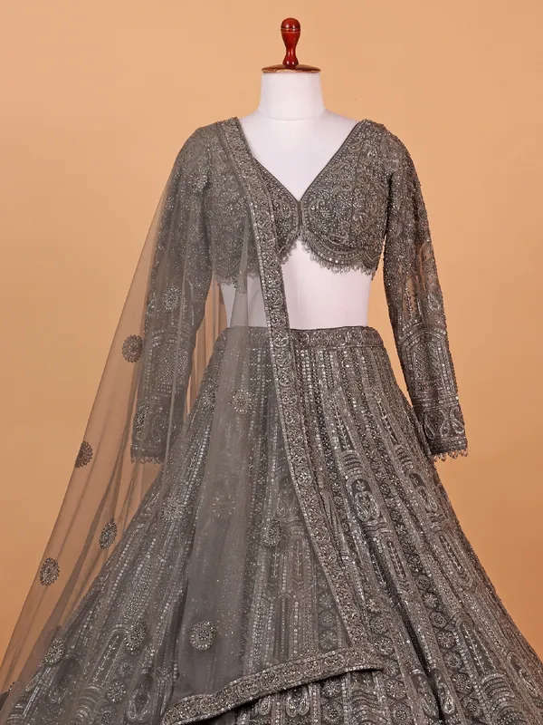 Brown net lehenga choli with heavy embellishment
