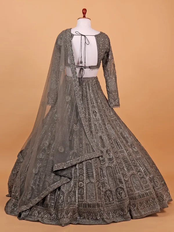 Brown net lehenga choli with heavy embellishment