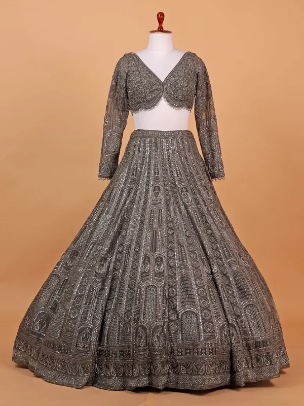 Brown net lehenga choli with heavy embellishment