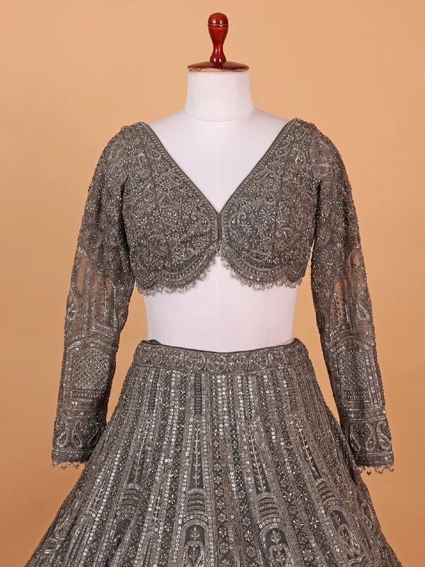 Brown net lehenga choli with heavy embellishment