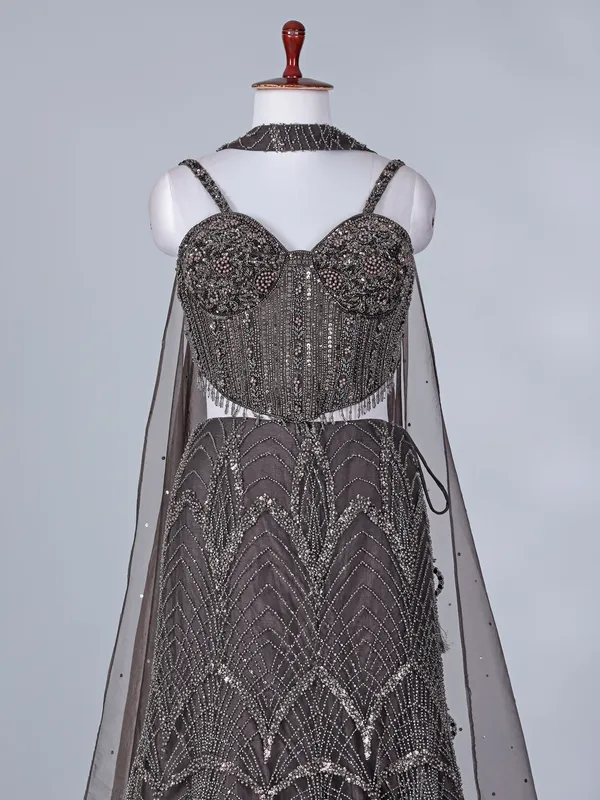 Brown net lehenga choli with rich embellishment