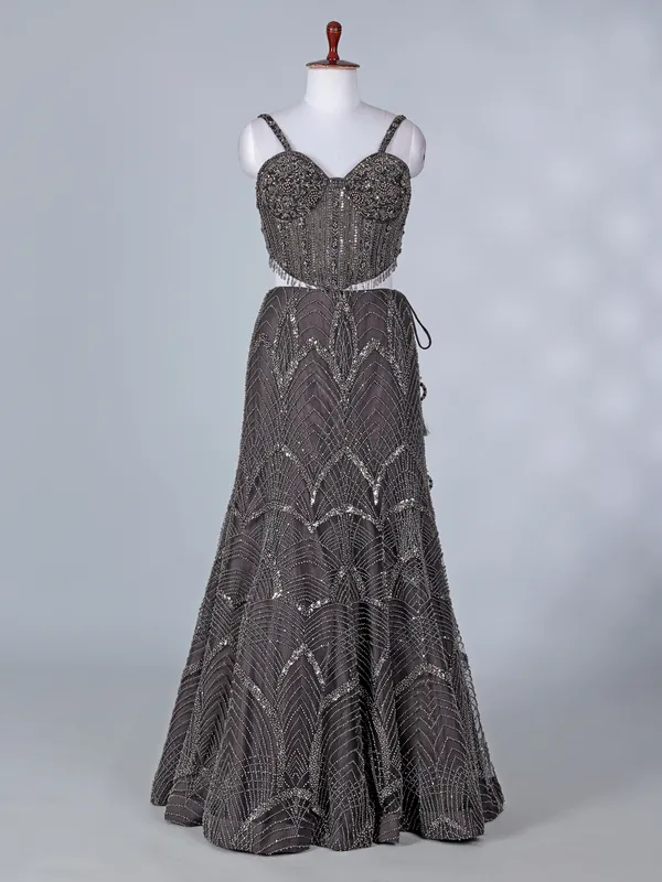 Brown net lehenga choli with rich embellishment