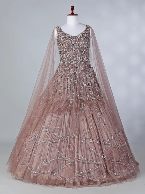 Brown net sleeveless U neck designer floor length gown