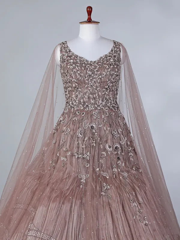 Brown net sleeveless U neck designer floor length gown