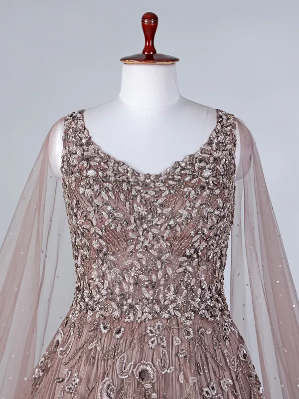 Brown net sleeveless U neck designer floor length gown