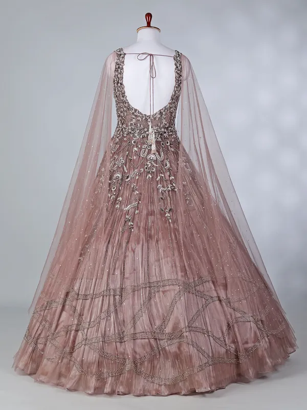Brown net sleeveless U neck designer floor length gown
