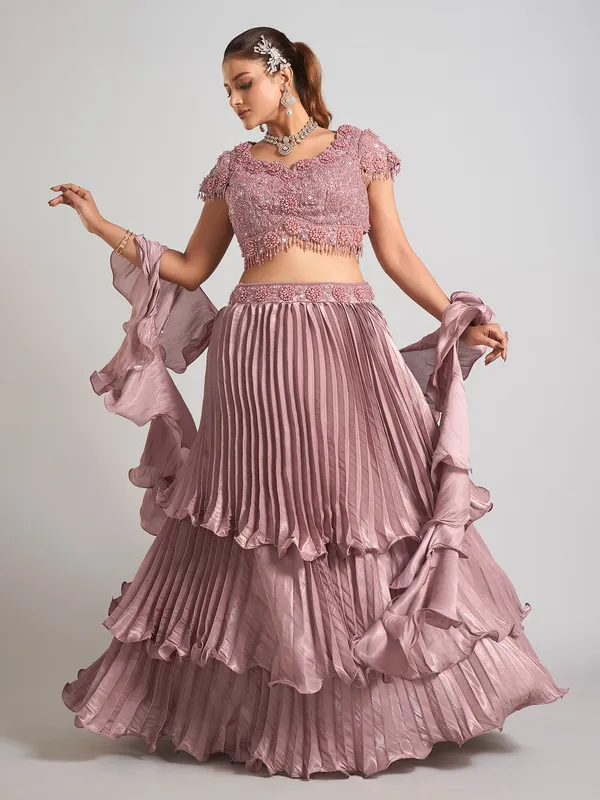 Brown organza ruffle dupatta lehenga choli