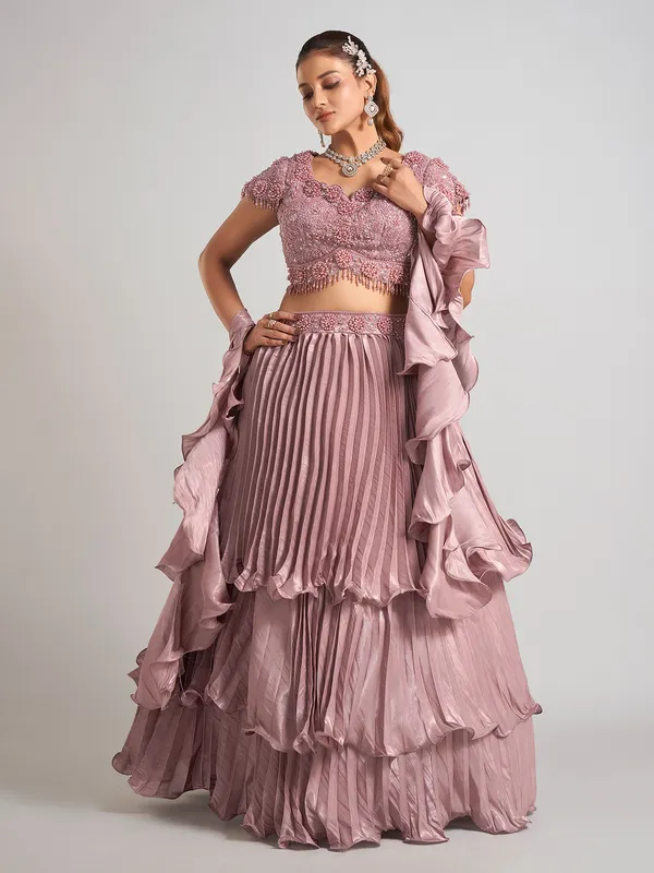 Brown organza ruffle dupatta lehenga choli