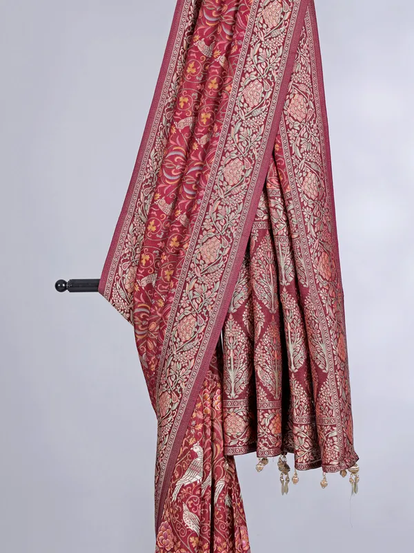 Brown pashmina silk saree with zari work