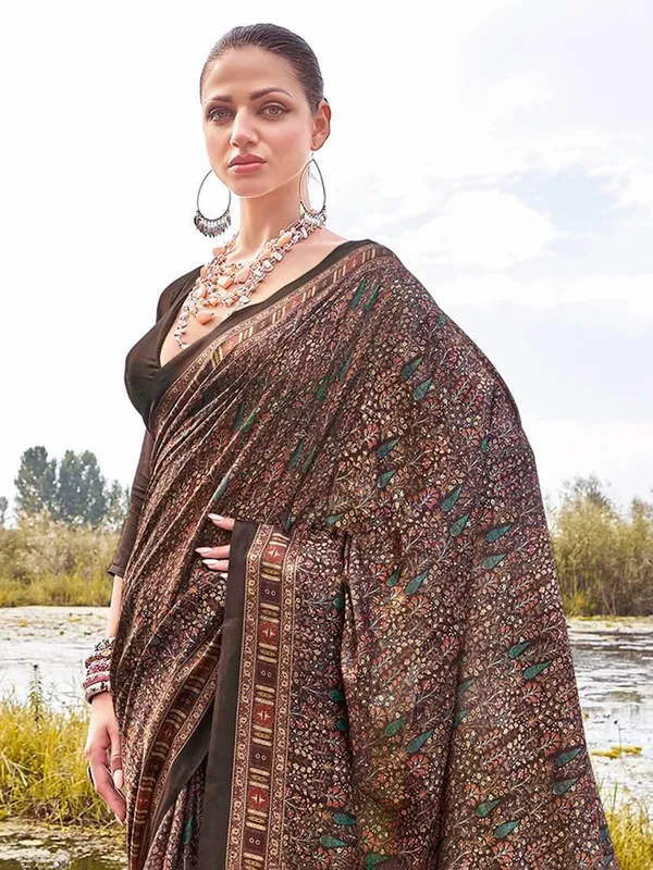 Brown printed bhagalpuri silk saree set