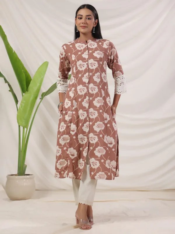 Brown printed casual cotton kurti
