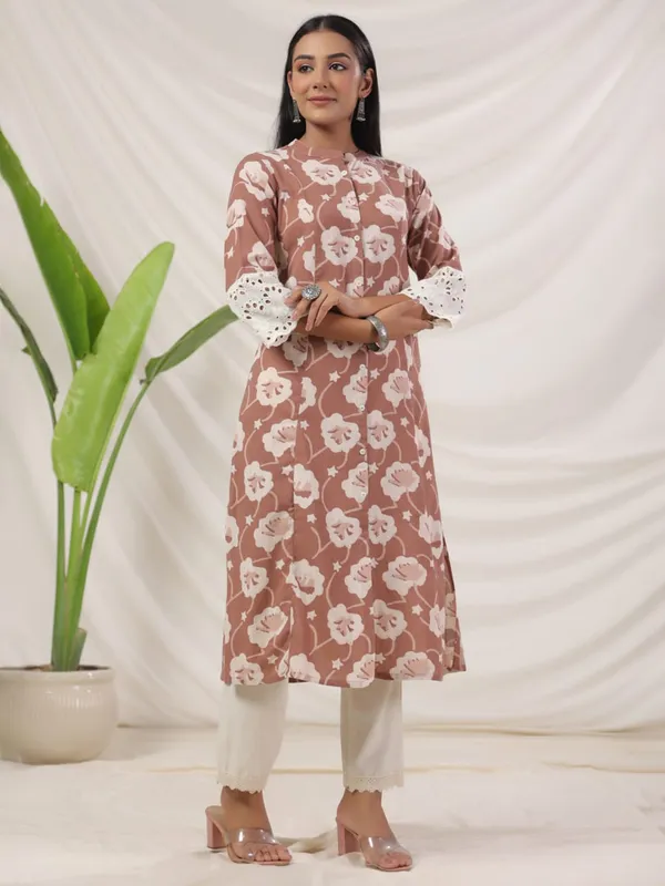 Brown printed casual cotton kurti