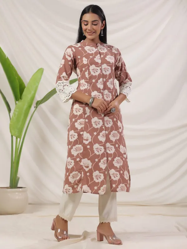 Brown printed casual cotton kurti