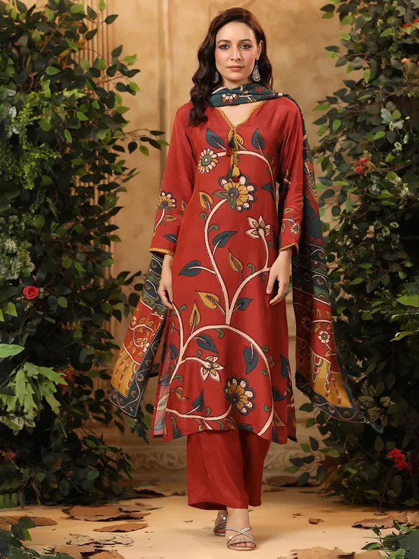 Brown printed casual silk kurti set